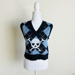Black & Blue Argyle Skull Knit Sleeveless Sweater Vest Top
